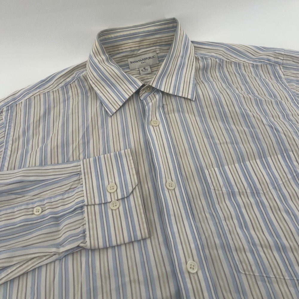 Banana Republic Button Down Mens Size M Blue Tan Striped Long Sleeve Cotton Top
